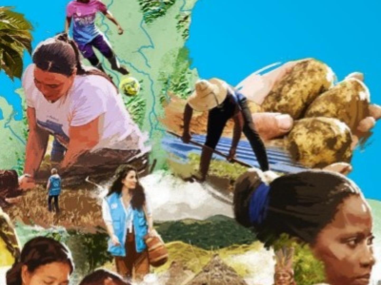 Portada del Informe Anual de Resultados 2024 de las Naciones Unidas en Colombia, con fondo azul y un mapa del país compuesto por imágenes de comunidades, agricultura, biodiversidad y desarrollo sostenible.