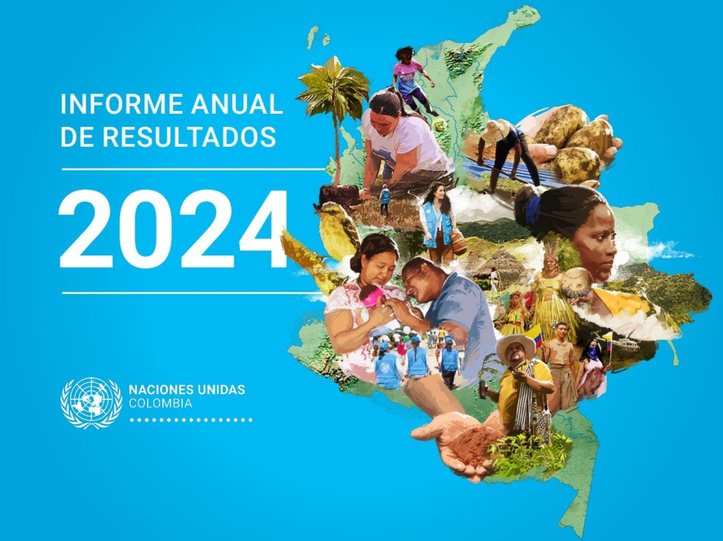 Mapa de Colombia con fondo azul, compuesto por imágenes de personas trabajando, comunidades indígenas, cultivos y naturaleza, acompañado del texto "Informe Anual de Resultados 2024" de las Naciones Unidas Colombia.
