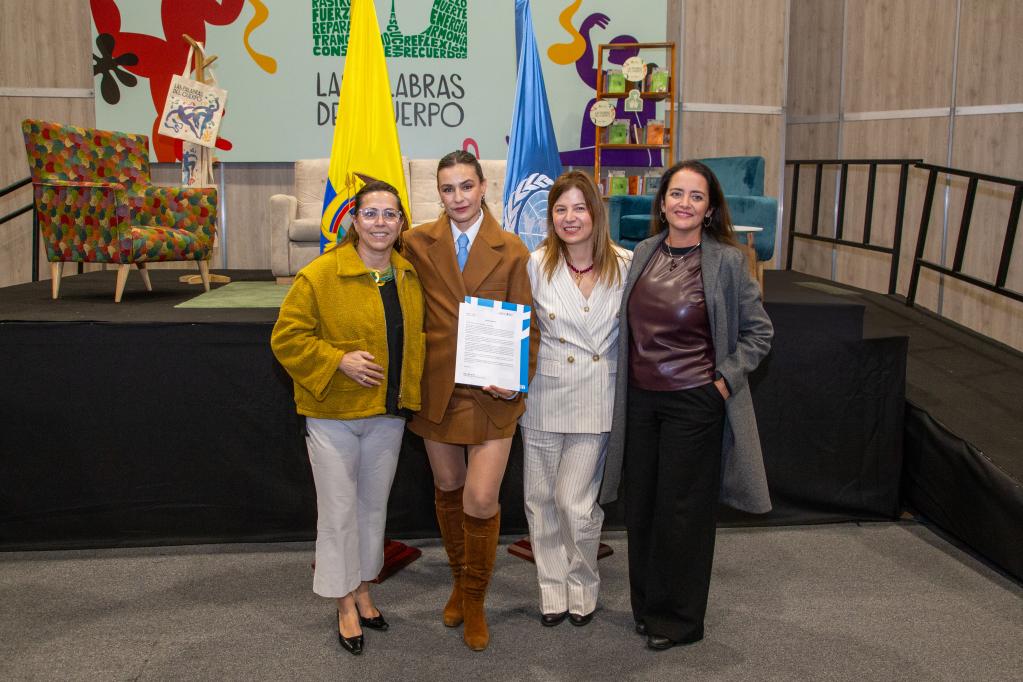 Mireia Villar, coordinadora residente de Naciones Unidas en Colombia; Marcela Mar, embajadora nacional de buena voluntad nacional de ONU Mujeres para Colombia; Bibiana Aido, representante de ONU Mujeres Colombia; y María Inés Salamanca, representante adjunta de ONU Mujeres Colombia.