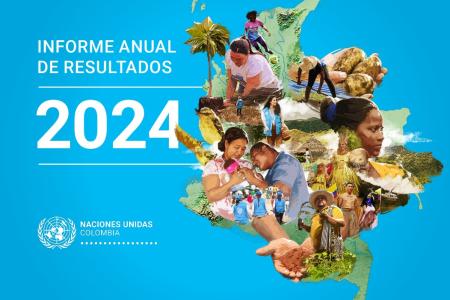 Mapa de Colombia con fondo azul, compuesto por imágenes de personas trabajando, comunidades indígenas, cultivos y naturaleza, acompañado del texto "Informe Anual de Resultados 2024" de las Naciones Unidas Colombia.