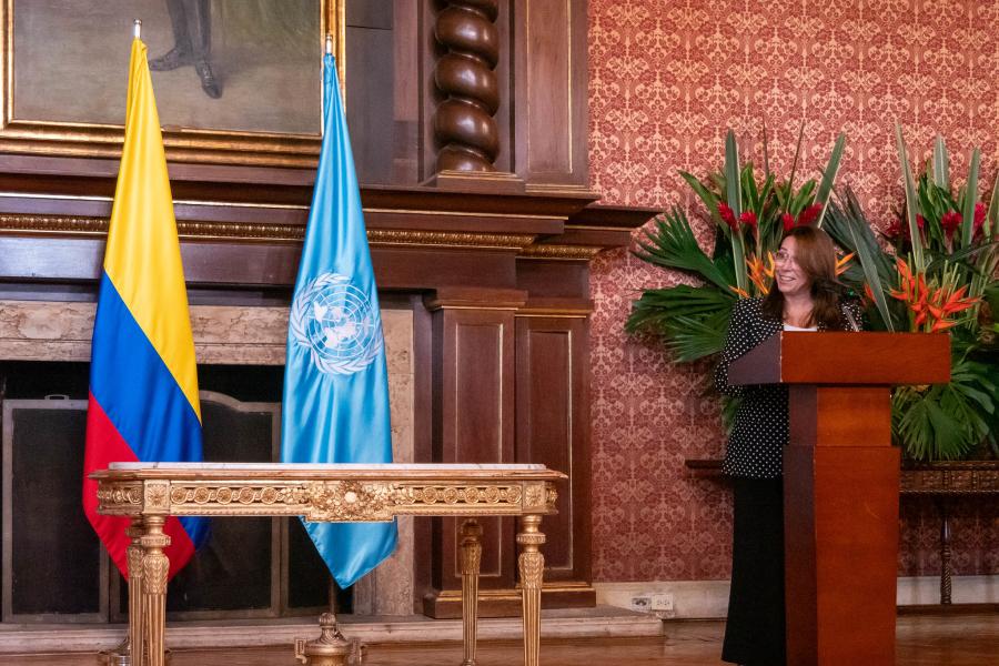 Mireia Villar Forner, Coordinadora Residente de Naciones Unidas en Colombia durante su discurso en la ceremonia de la firma del Marco de Cooperación entre el gobierno de Colombia y las Naciones Unidas para el período 2024-2027.