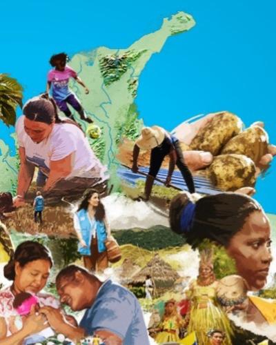 Portada del Informe Anual de Resultados 2024 de las Naciones Unidas en Colombia, con fondo azul y un mapa del país compuesto por imágenes de comunidades, agricultura, biodiversidad y desarrollo sostenible.
