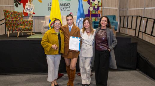Mireia Villar, coordinadora residente de Naciones Unidas en Colombia; Marcela Mar, embajadora nacional de buena voluntad nacional de ONU Mujeres para Colombia; Bibiana Aido, representante de ONU Mujeres Colombia; y María Inés Salamanca, representante adjunta de ONU Mujeres Colombia.
